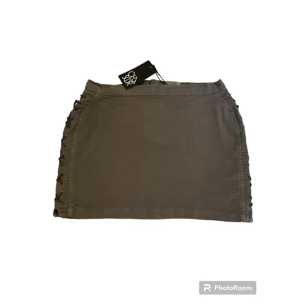 Chaser Womens Faux Lace Up Cotton Blend Utility Mini Skirt Safari  Sz M